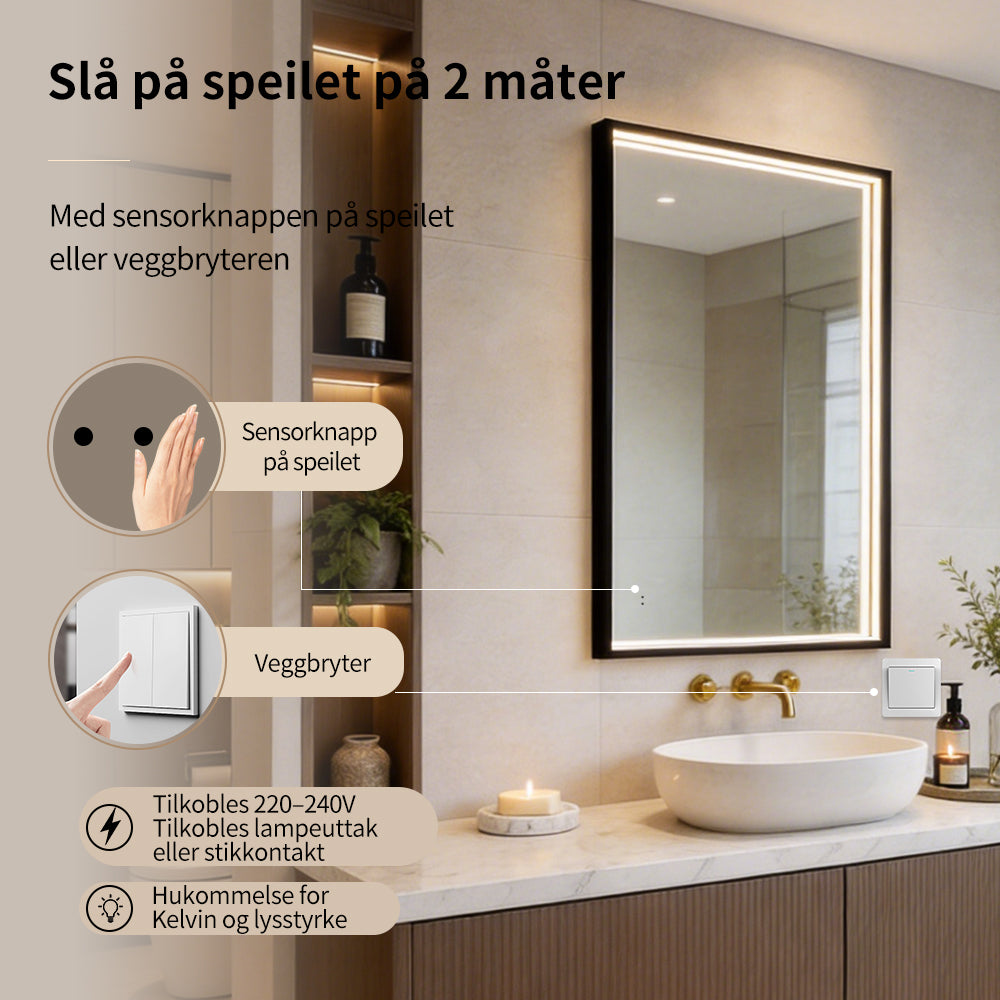 Rektangulært Speil med LED-lys i Ramme og Antidugg 80x120 cm, Svart Ramme