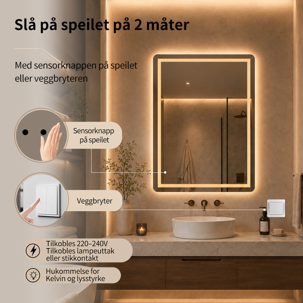 Firkantet Speil med Frontlight LED-lys og Antidugg 60x80 cm