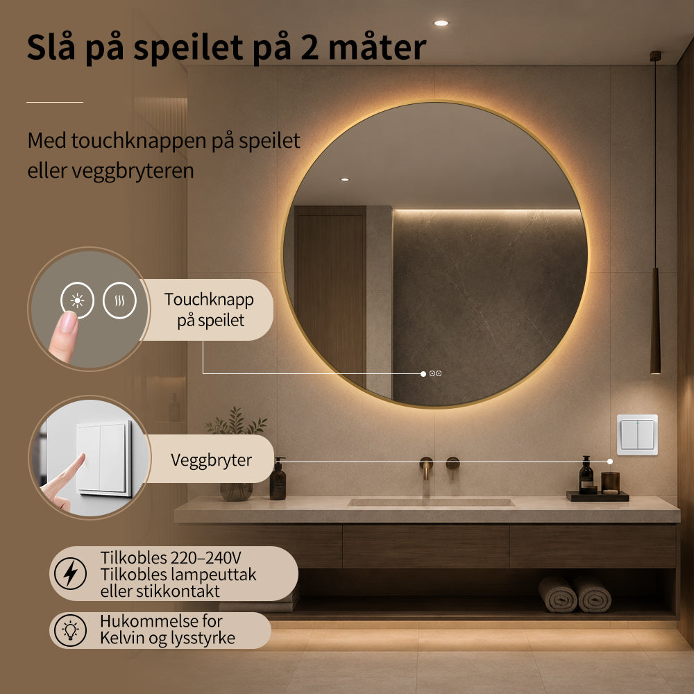 Rundt speil med LED-lys og Antidugg Ø100 cm m/Gull Ramme