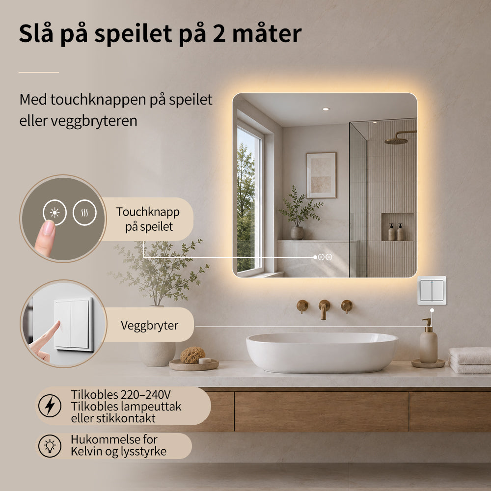 Kvadratisk speil med LED-lys og Antidugg 80x80 cm