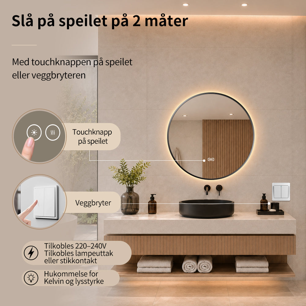 Rundt speil med LED-lys og antidugg Ø60 cm m/Svart Ramme