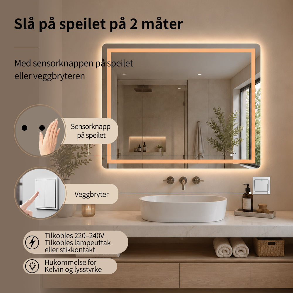 Firkantet Speil med Frontlight LED-lys og Antidugg 100x80 cm