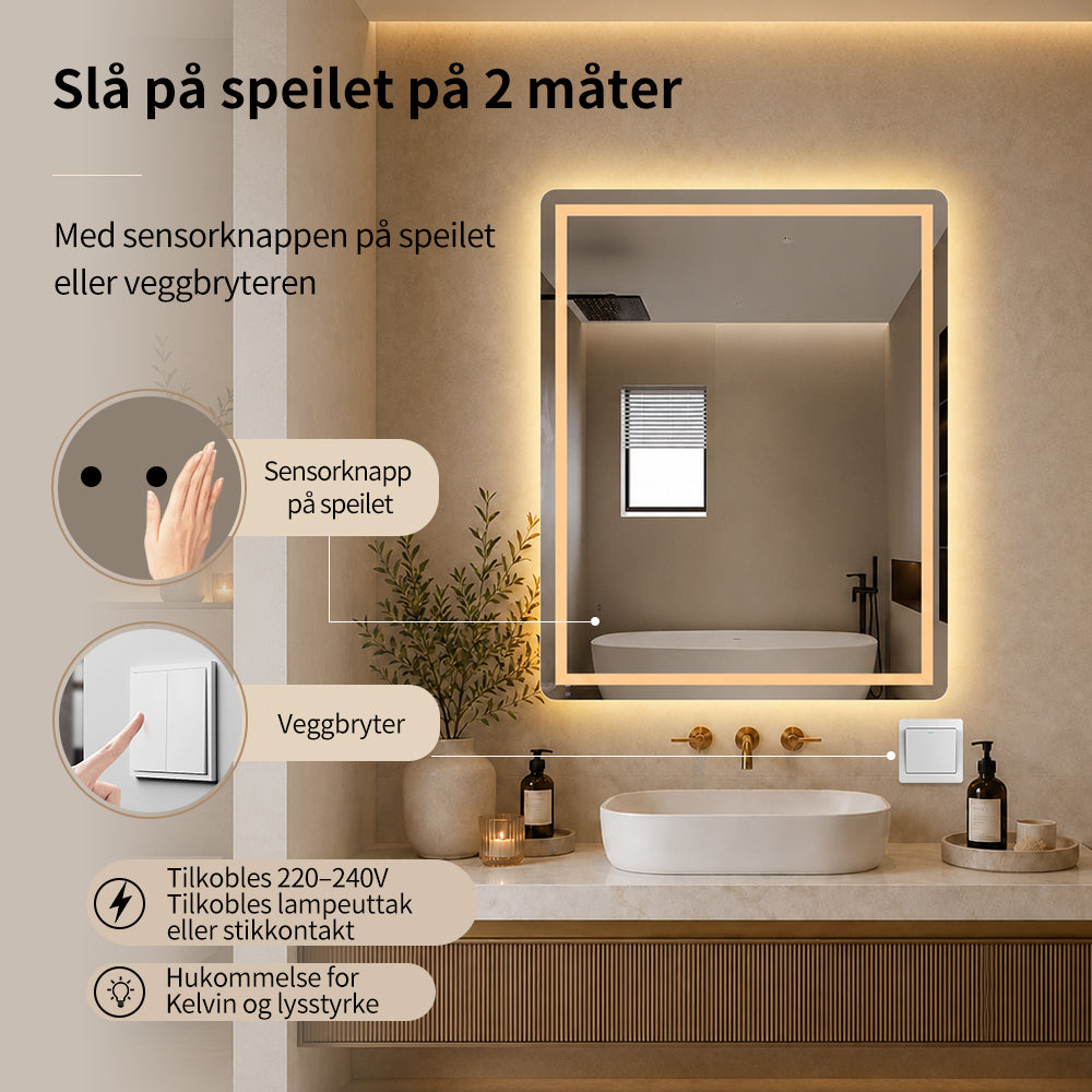 Firkantet Speil med Frontlight LED-lys og Antidugg 80x100 cm