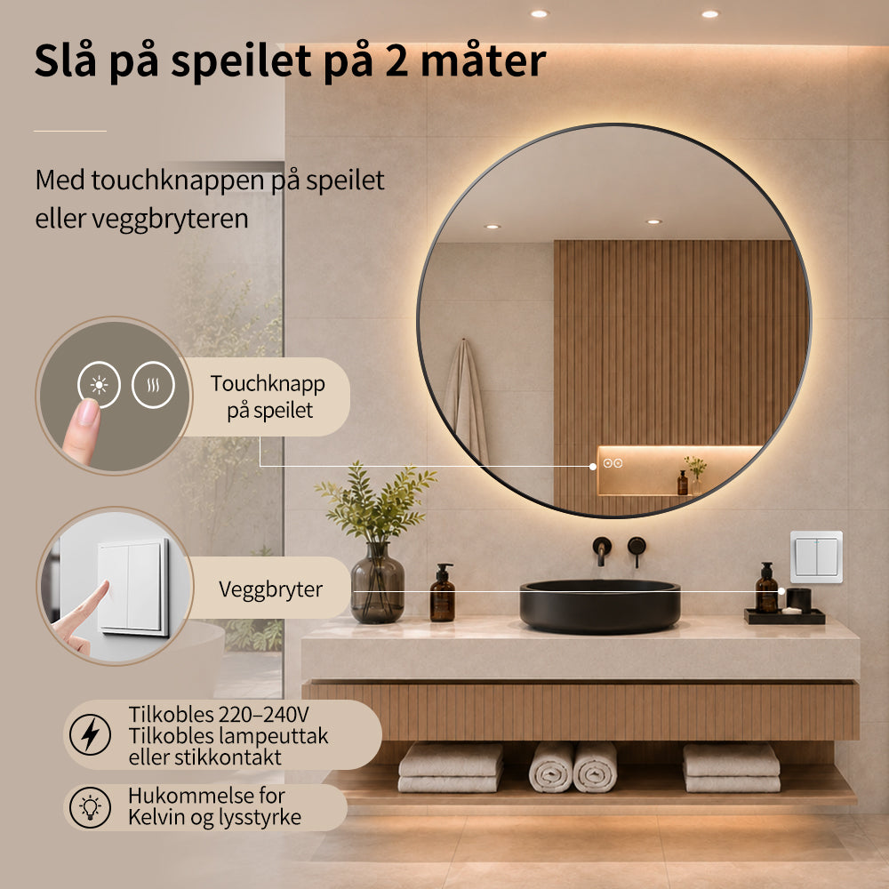 Rundt speil med LED-lys og antidugg Ø100 cm m/Svart Ramme