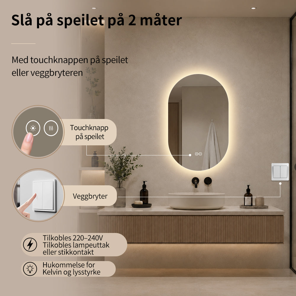 Ovalt Speil med LED-lys og Antidugg 50x80 cm