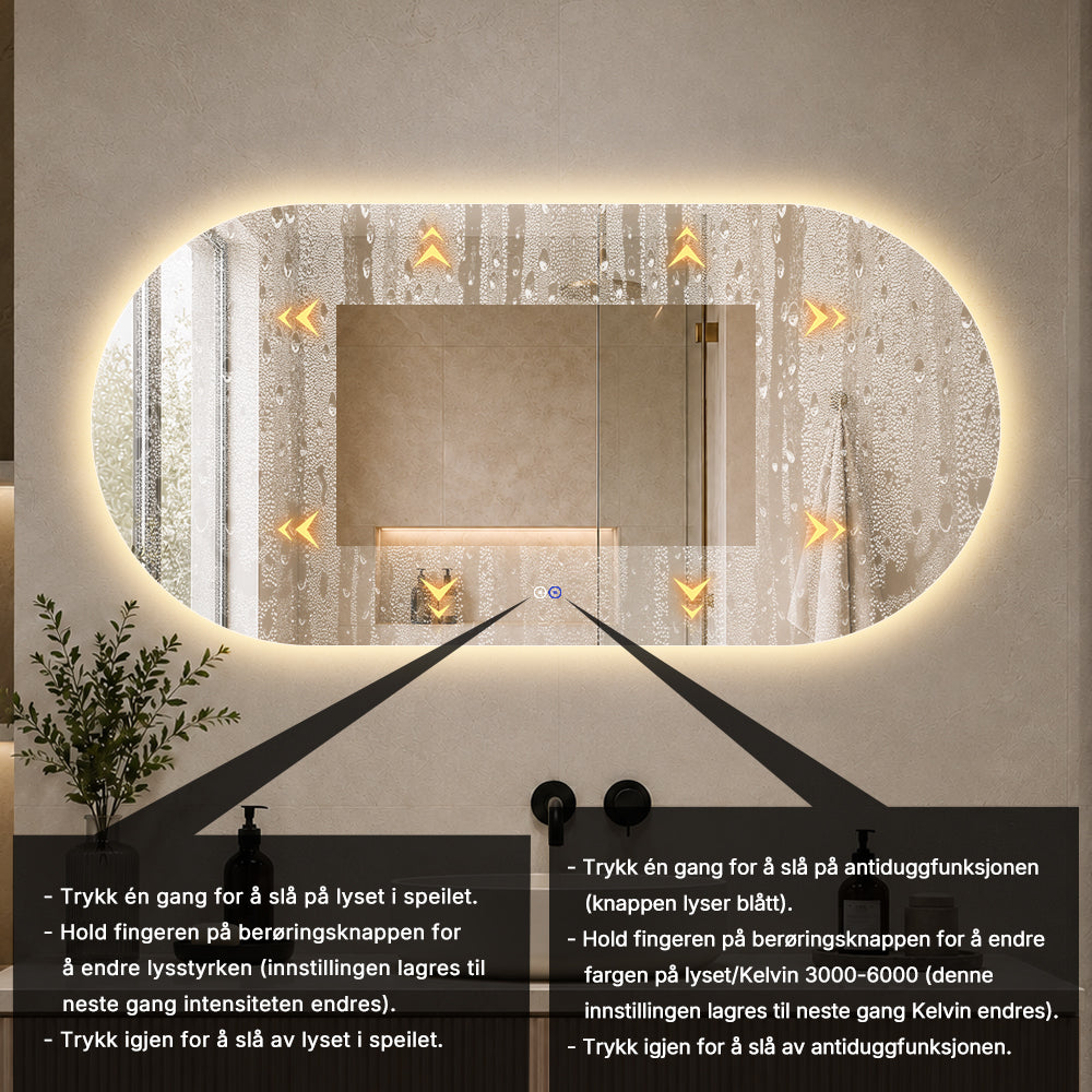 Ovalt Speil med LED-lys og Antidugg 150x80 cm