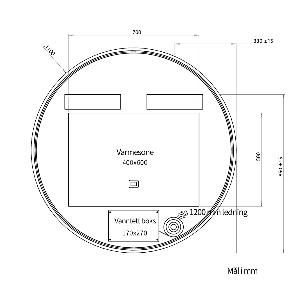 Rundt speil med LED-lys og Antidugg Ø110 cm
