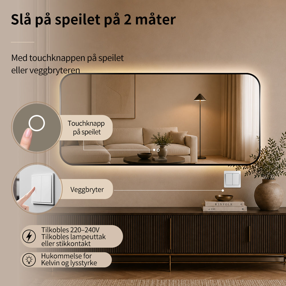 Rektangulært Speil med LED-lys 180x80 cm - Svart ramme