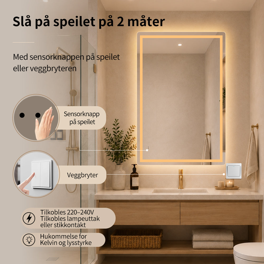 Firkantet Speil med Frontlys LED-lys og Antidugg 80x120 cm