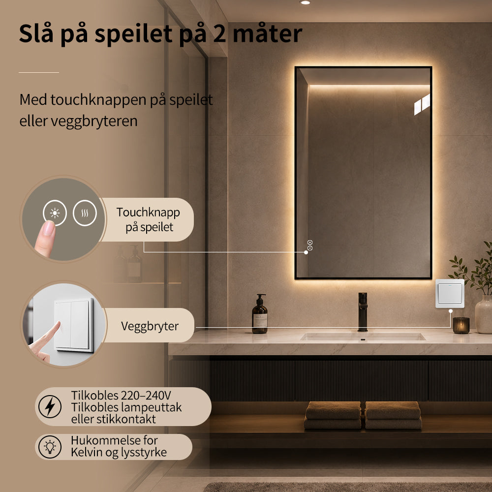 Rektangulært Speil med LED-lys og Antidugg 80x120 cm - Svart ramme 90º
