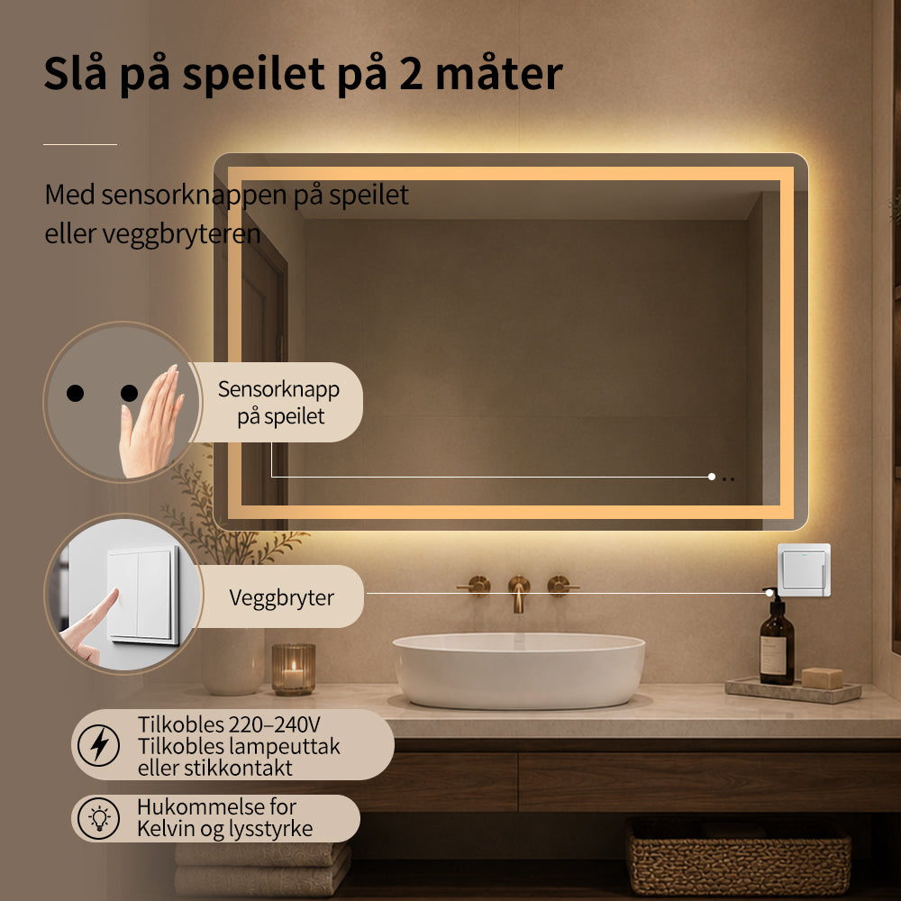 Firkantet Speil med Frontlight LED-lys og Antidugg 120x80 cm
