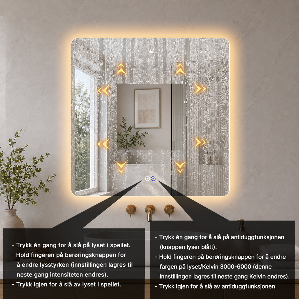 Kvadratisk speil med LED-lys og Antidugg 80x80 cm