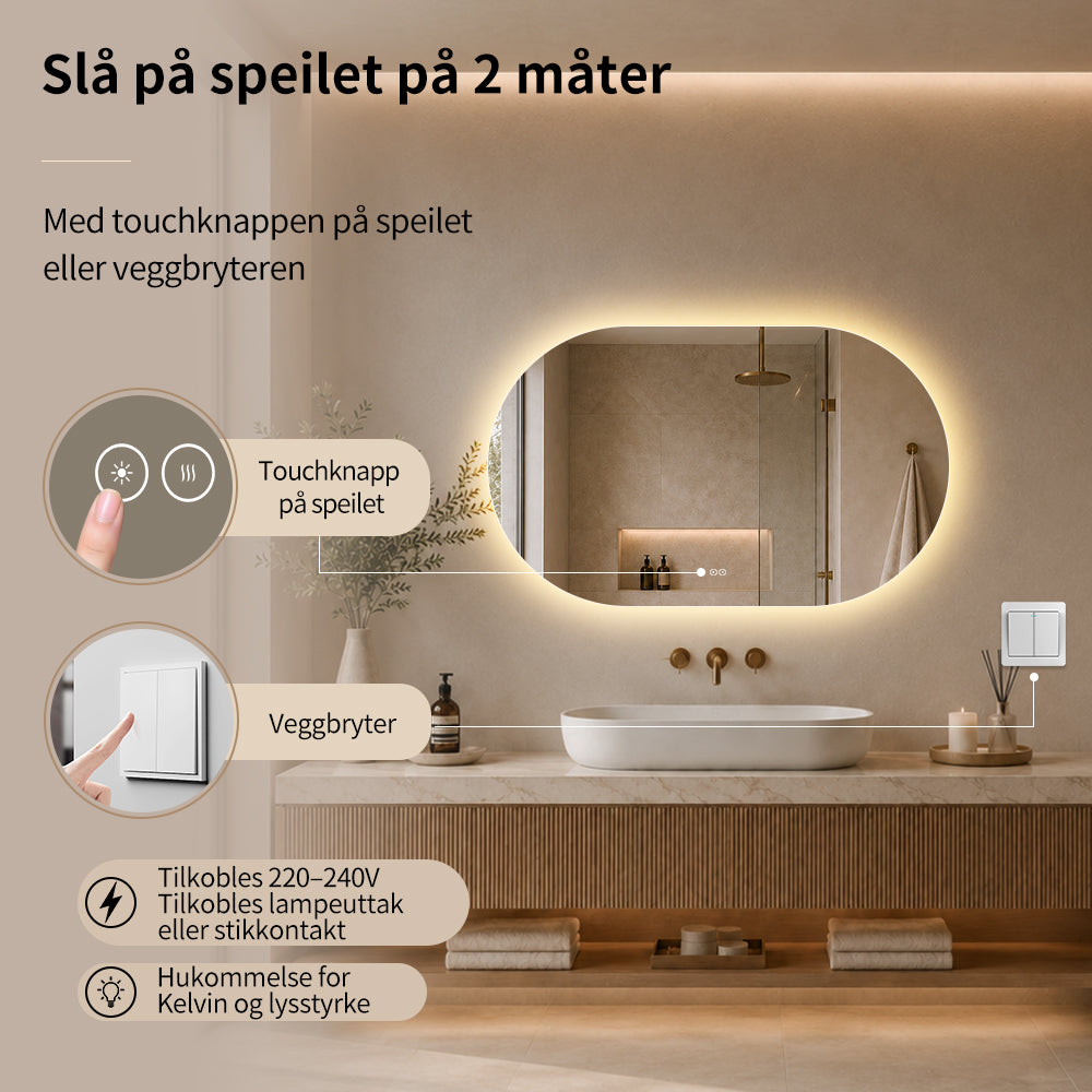 Ovalt Speil med Lys og Antidugg 120x80 cm