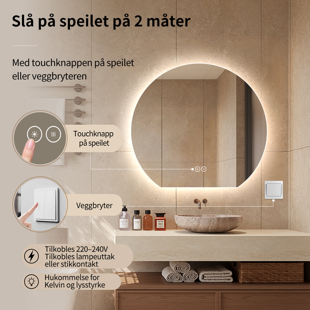 Rundt speil med LED-lys og Antidugg Ø100 cm - Skåret