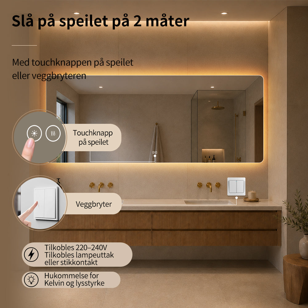 Rektangulært Speil med LED-Lys og Antidugg 200x80 cm