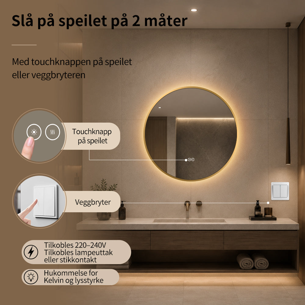 Rundt speil med LED-lys og antidugg Ø70 cm m/Gull Ramme