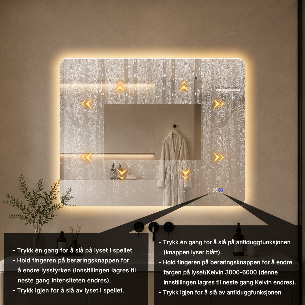 Rektangulært Speil med LED-lys og Antidugg 100x80 cm