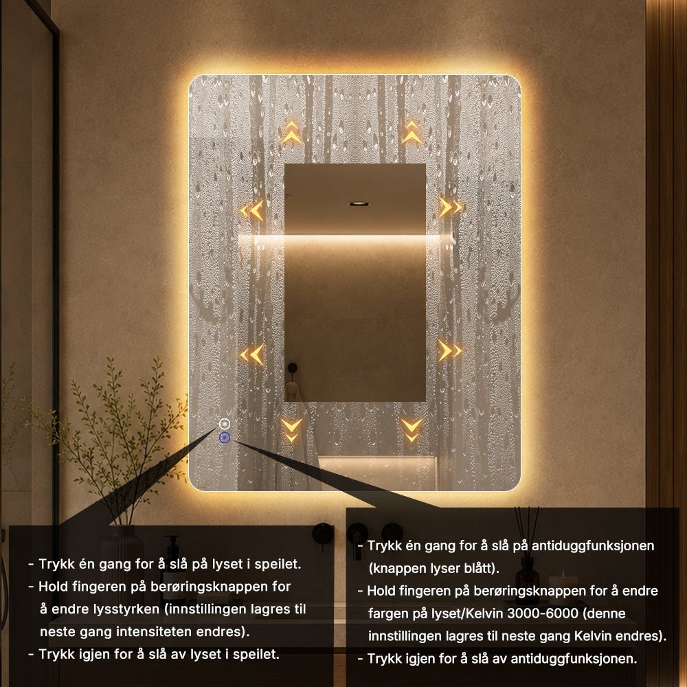 Rektangulært Speil med LED-lys og Antidugg 80x100 cm