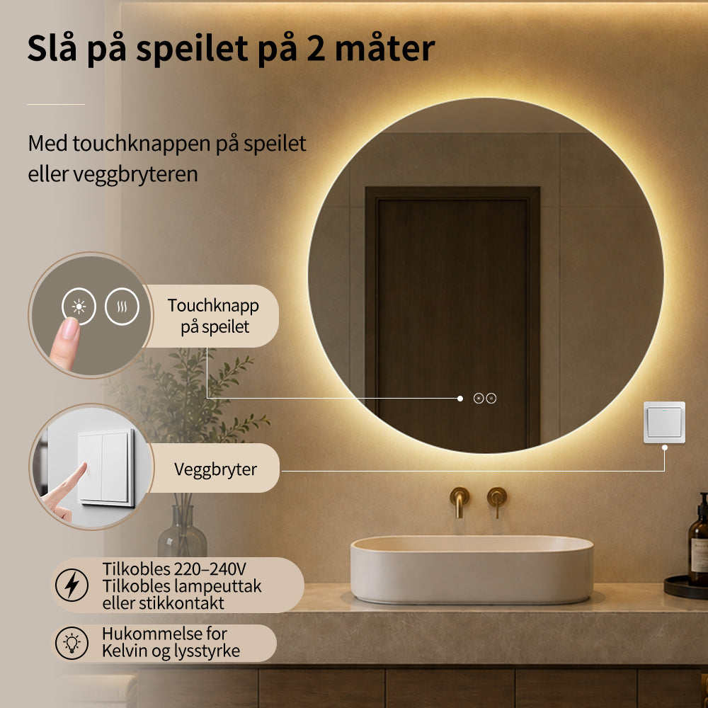 Rundt speil med LED-lys og Antidugg Ø110 cm