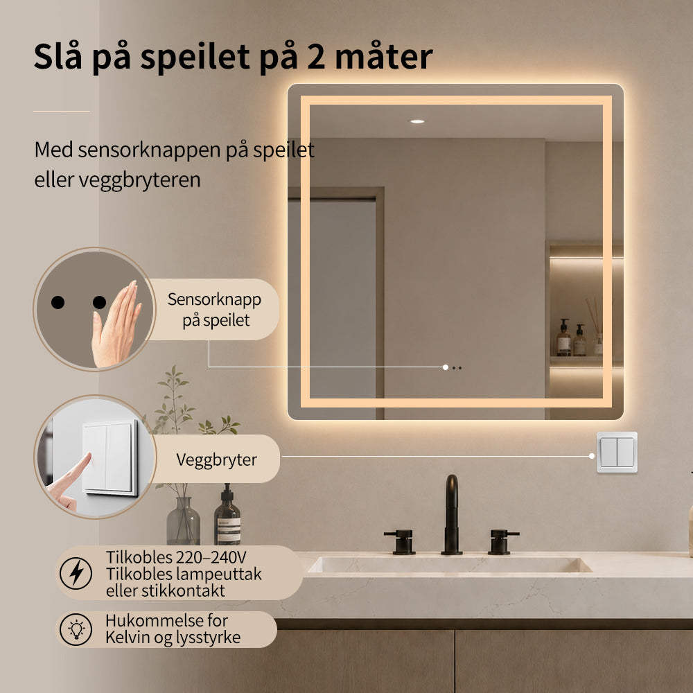 Kvadratisk Speil med Frontlight LED-lys og Antidugg 80x80 cm