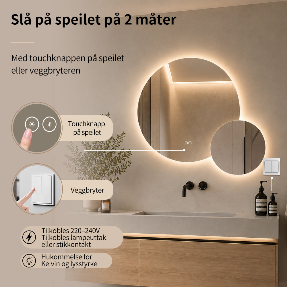 Dobbelt speil med LED-lys og Antidugg Ø80 + Ø40 cm (Venstrevendt)