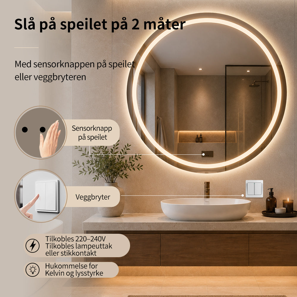Rundt Speil med Frontlight LED-lys og Antidugg Ø100 cm