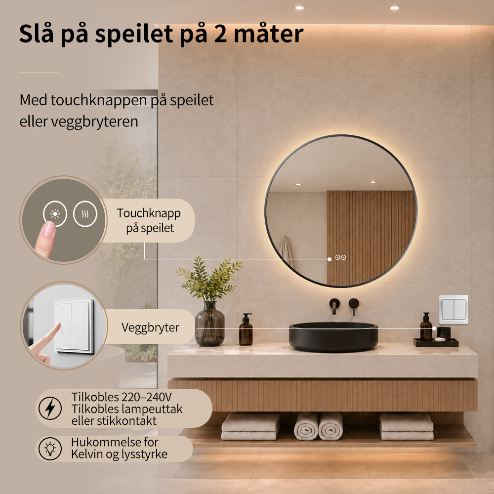 Rundt speil med LED-lys og antidugg Ø70 cm m/Svart Ramme