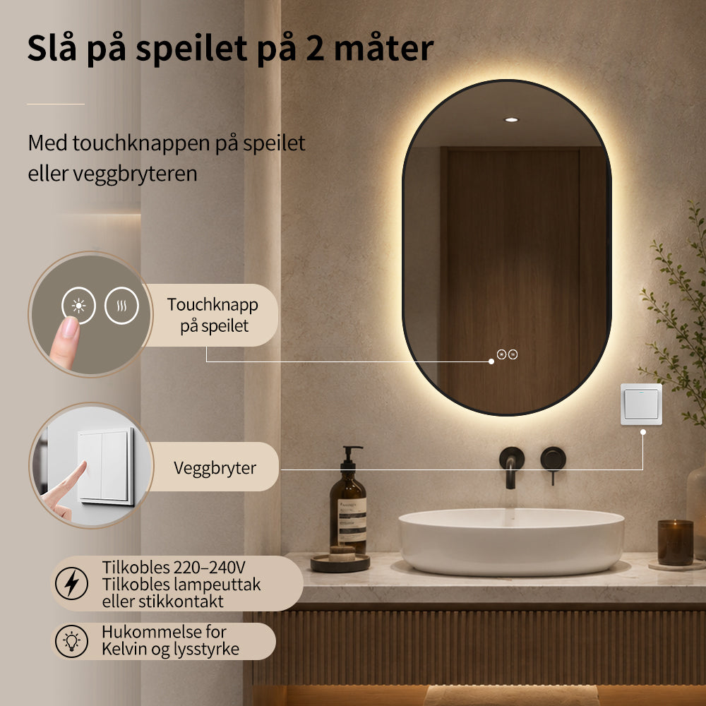 Ovalt Speil med LED-lys og Antidugg 50x80 cm m/Svart Ramme
