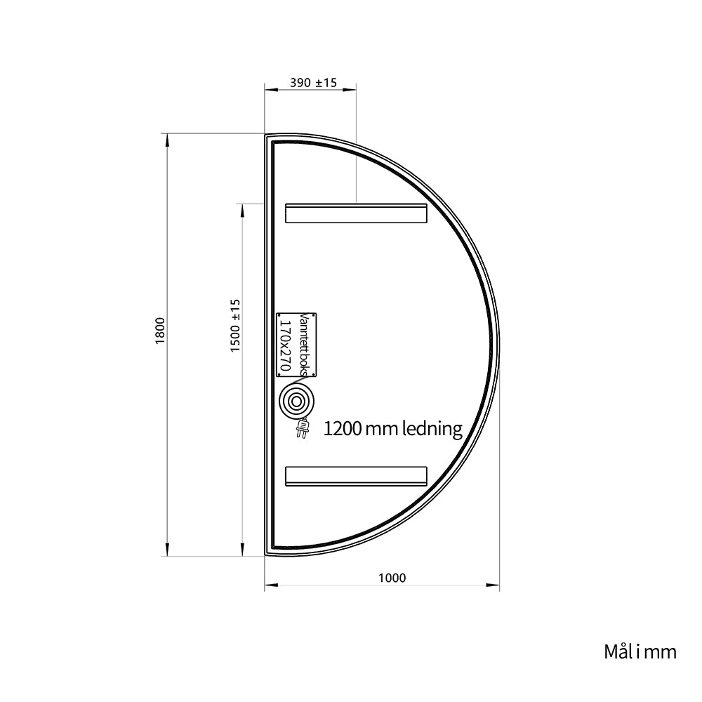 Halvsirkelformet speil med LED-lys 100x180 cm (Venstrevendt)