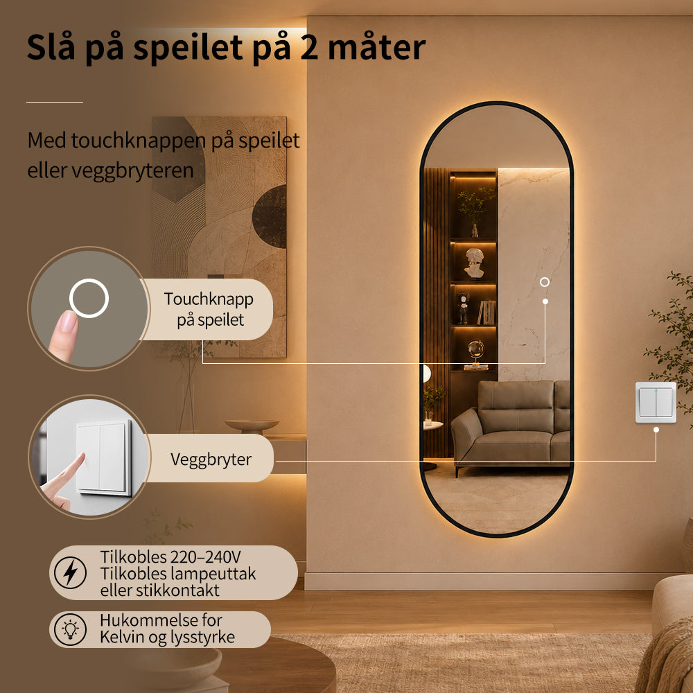 Helfigur Ovalt Speil med LED-lys 60x170 cm - Svart ramme
