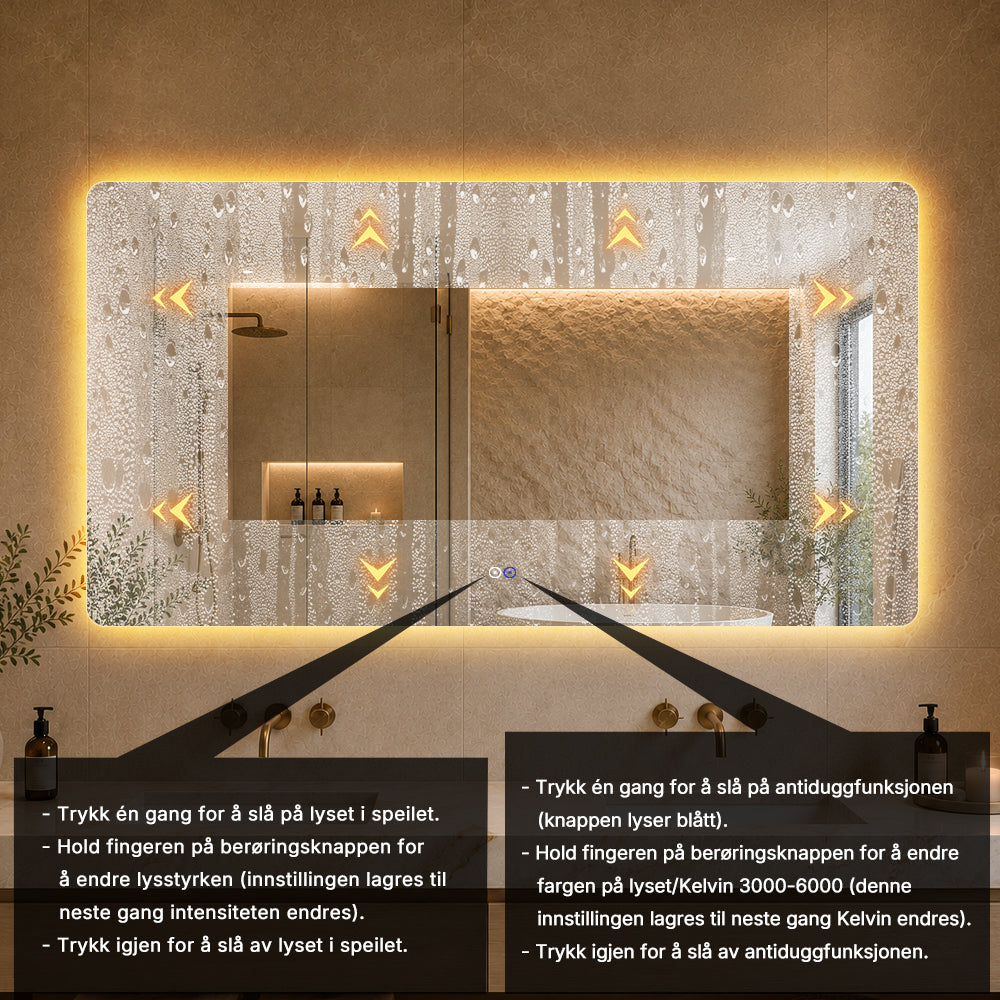 Rektangulært Speil med LED-lys og Antidugg 150x80 cm