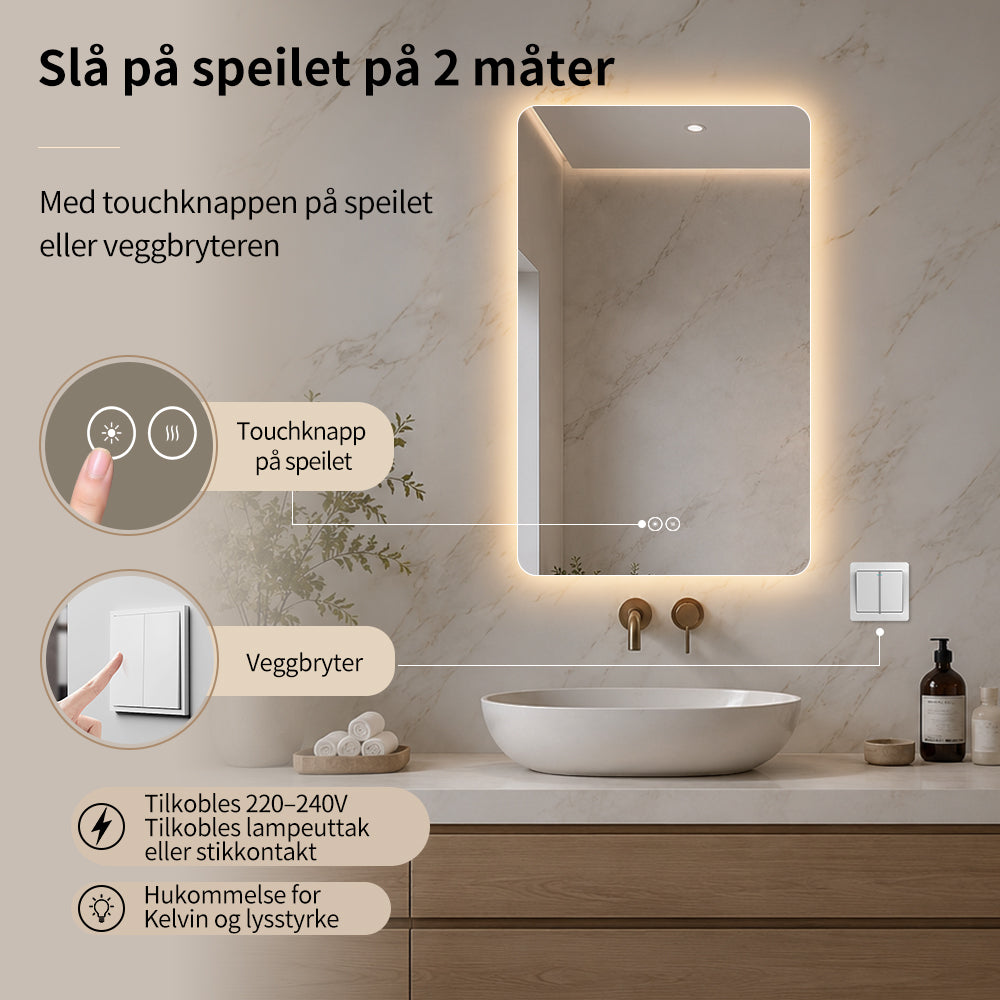 Rektangulært Speil med LED-lys og Antidugg 50x80 cm