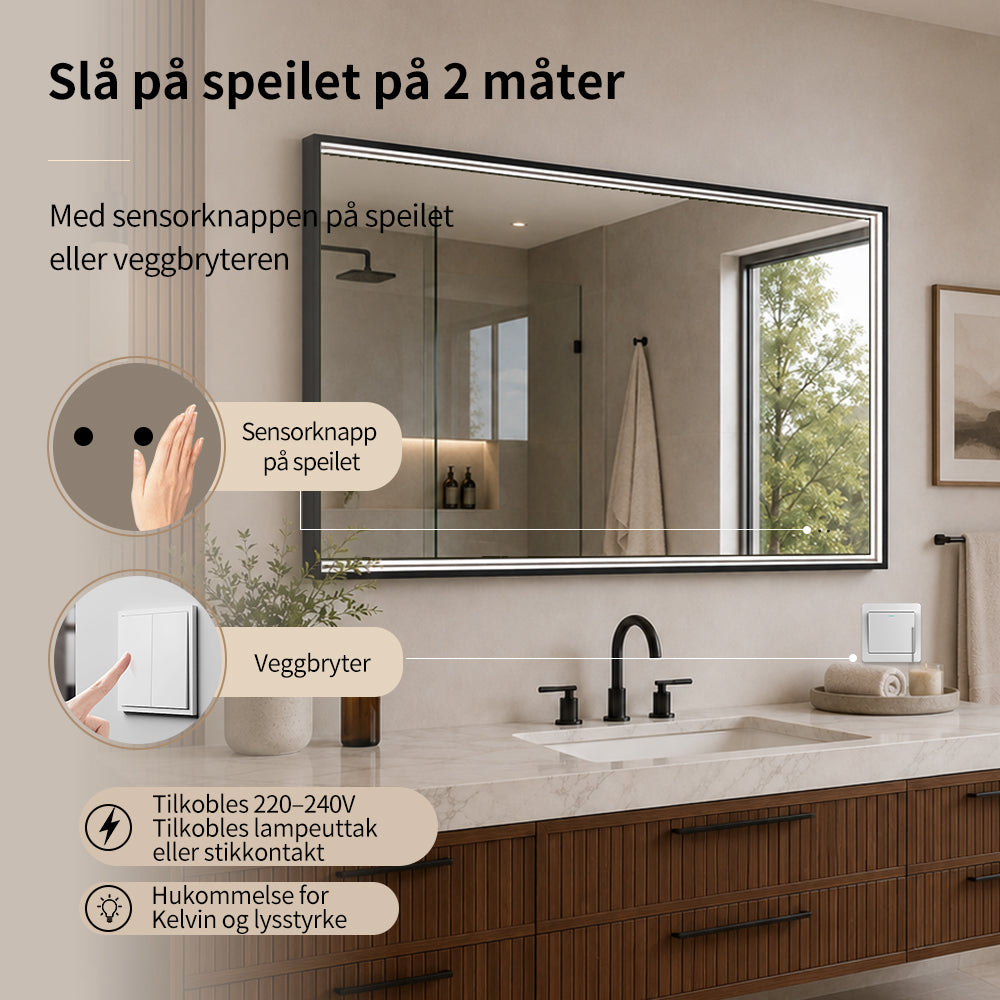 Rektangulært Speil med LED-lys i Ramme og Antidugg 120x80 cm, Svart Ramme