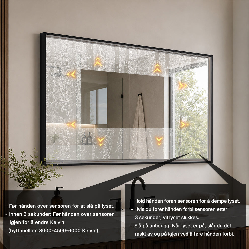 Rektangulært Speil med LED-lys i Ramme og Antidugg 120x80 cm, Svart Ramme