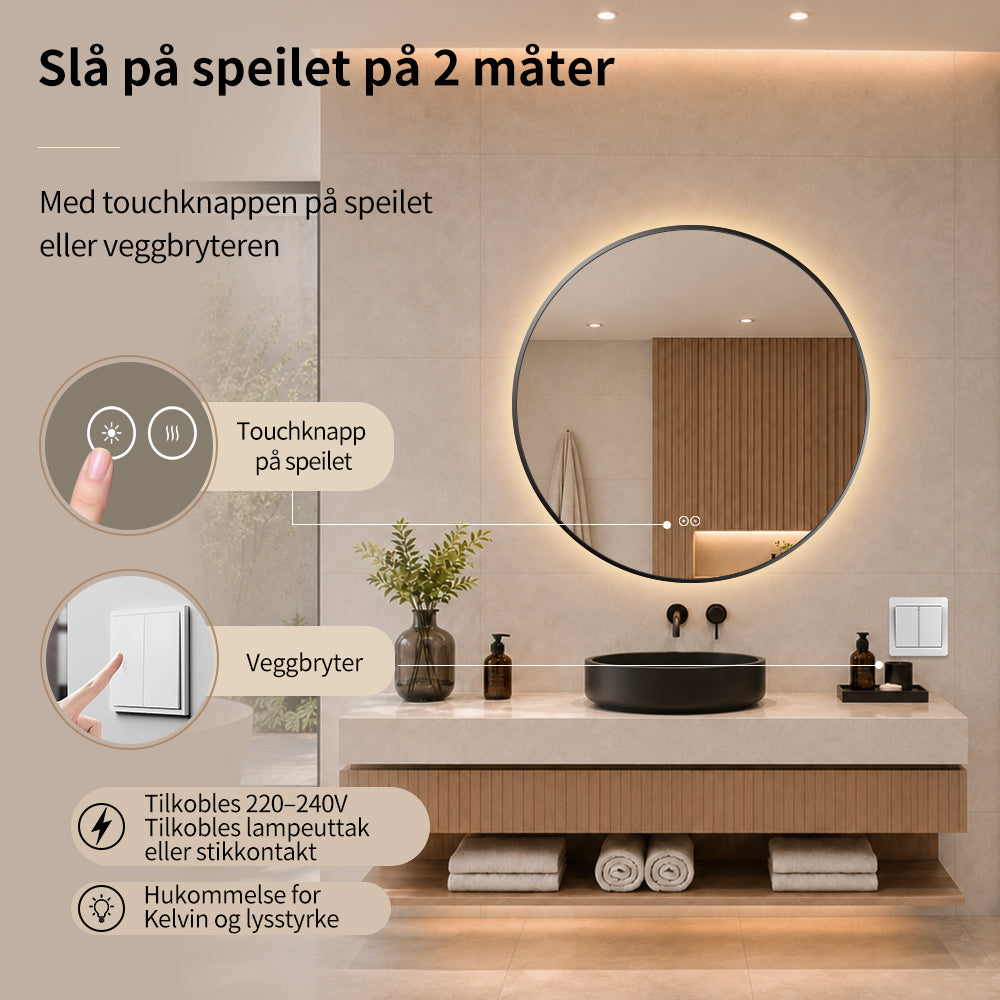 Rundt speil med LED-lys og Antidugg Ø80 cm m/Svart Ramme