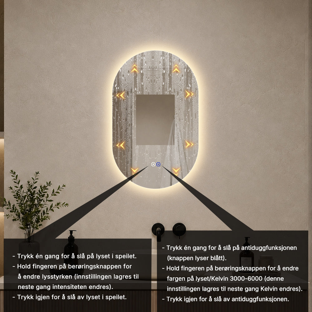 Ovalt Speil med LED-lys og Antidugg 50x80 cm