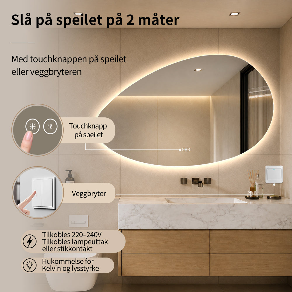 Organisk speil med LED-lys og Antidugg 120x75 cm (Høyrevendt)