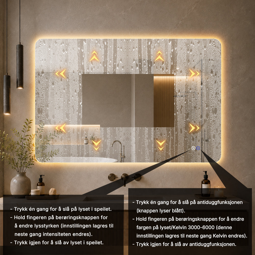 Rektangulært Speil med LED-lys og Antidugg 120x80 cm