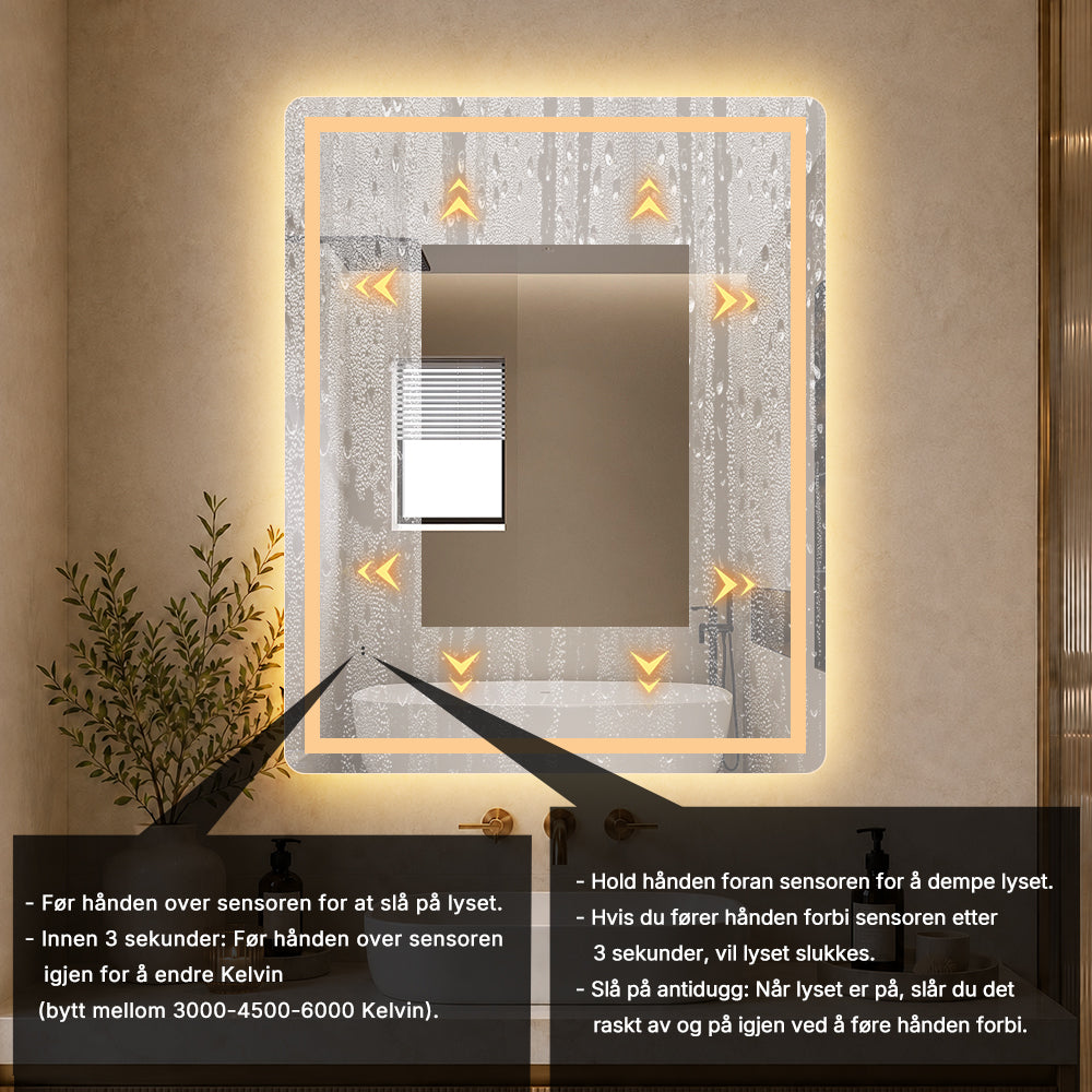 Firkantet Speil med Frontlight LED-lys og Antidugg 80x100 cm