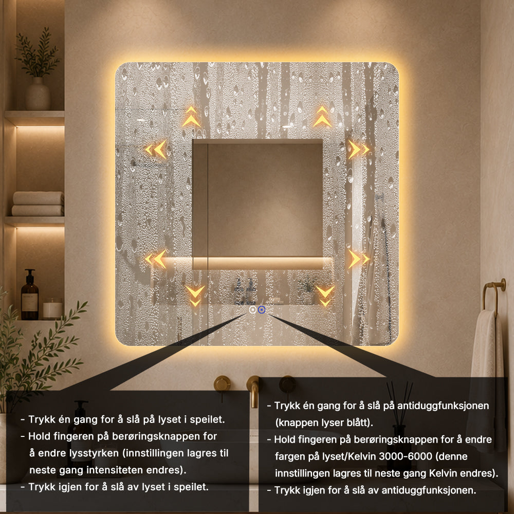 Kvadratisk speil med LED-lys og Antidugg 100x100 cm