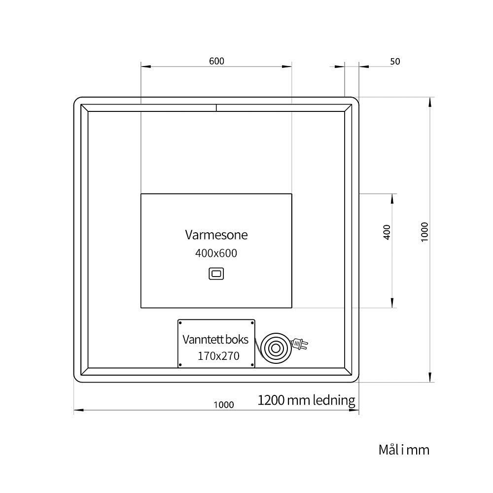 Kvadratisk speil med LED-lys og Antidugg 100x100 cm