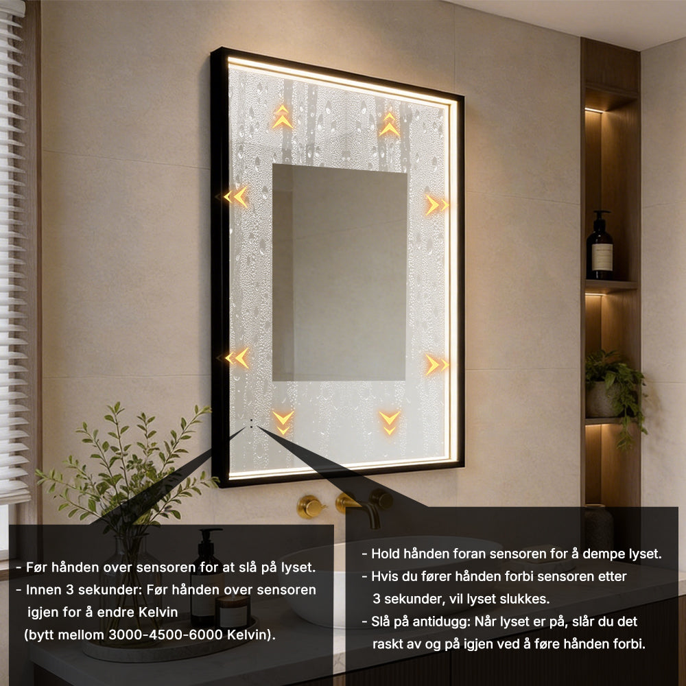 Rektangulært Speil med LED-lys i Ramme og Antidugg 80x120 cm, Svart Ramme