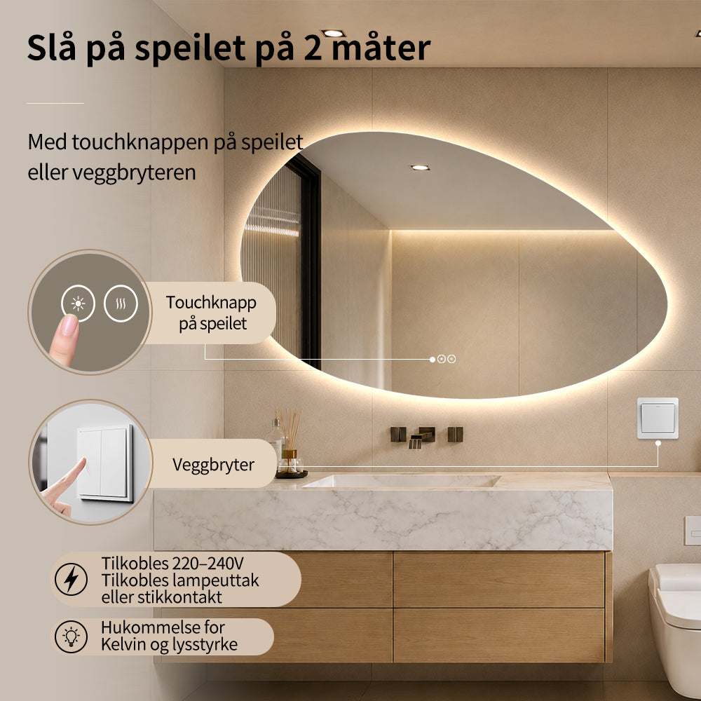 Organisk speil med LED-lys og Antidugg 120x75 cm (Venstrevendt)