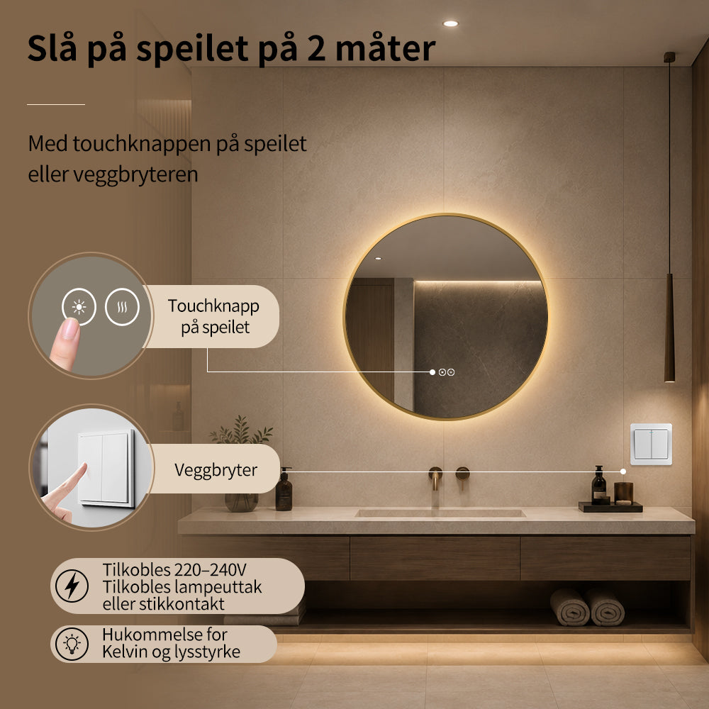 Rundt speil med LED-lys og antidugg Ø60 cm m/Gull Ramme