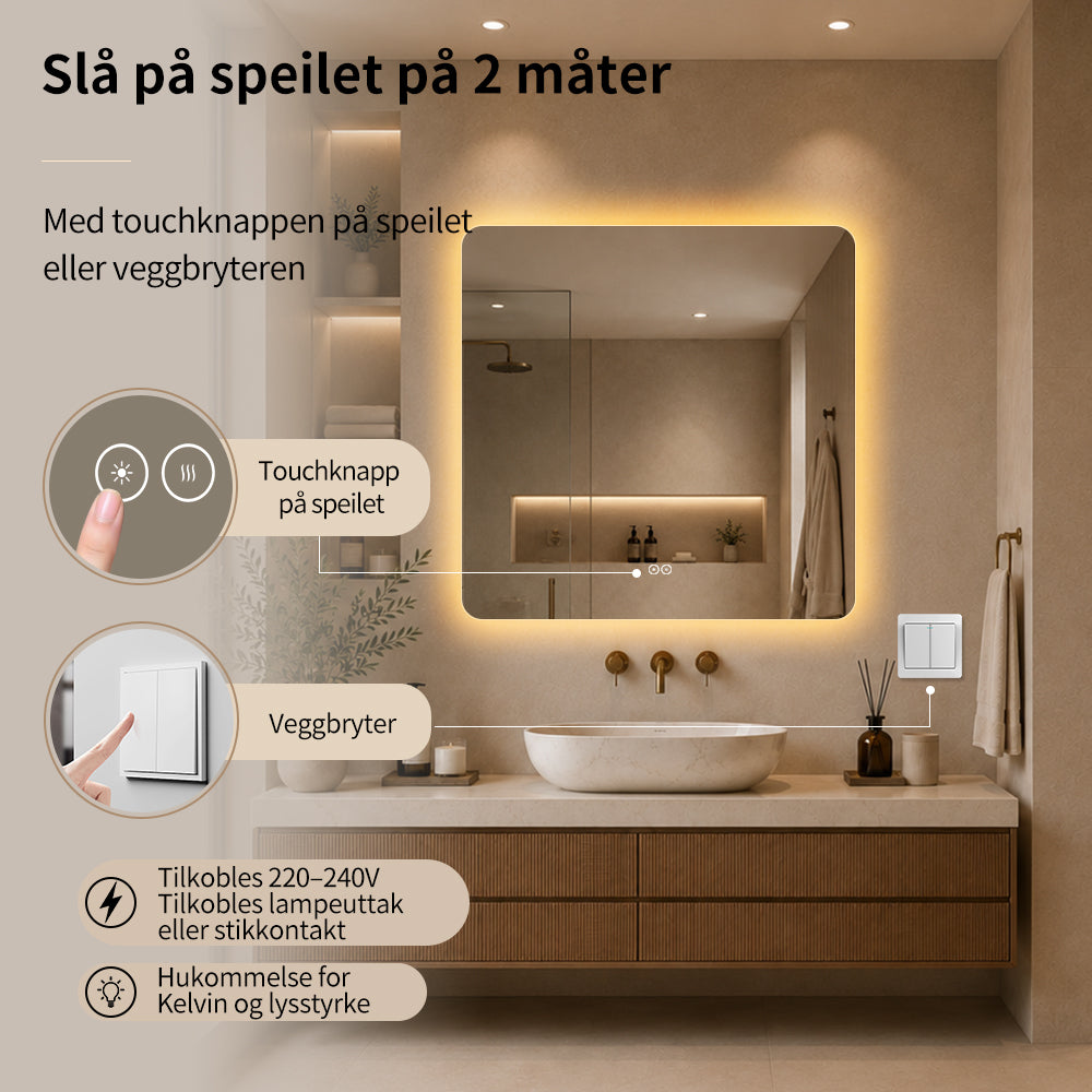 Kvadratisk speil med LED-lys og Antidugg 100x100 cm