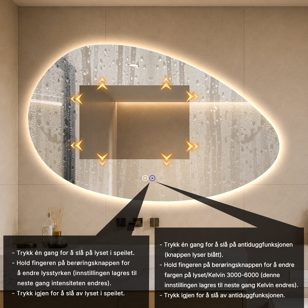 Organisk speil med LED-lys og Antidugg 120x75 cm (Venstrevendt)