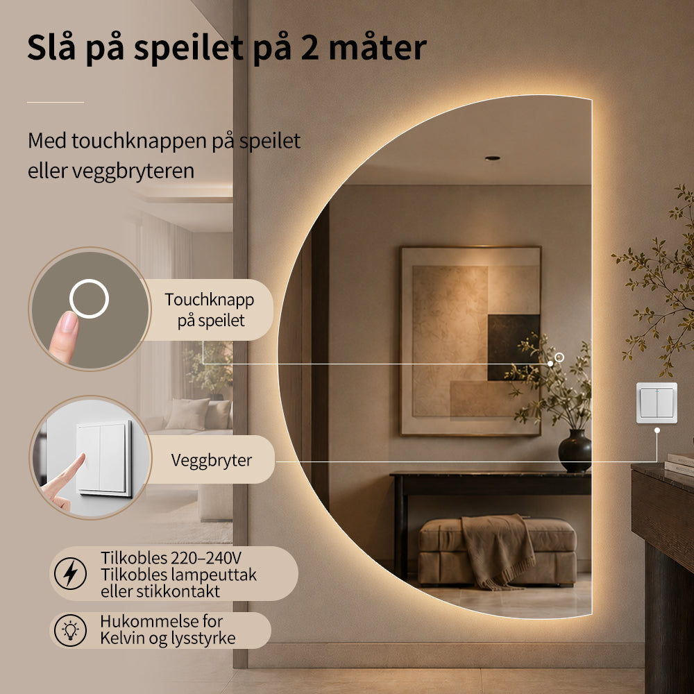 Halvsirkelformet speil med LED-lys 120x200 cm (Venstreorientert)
