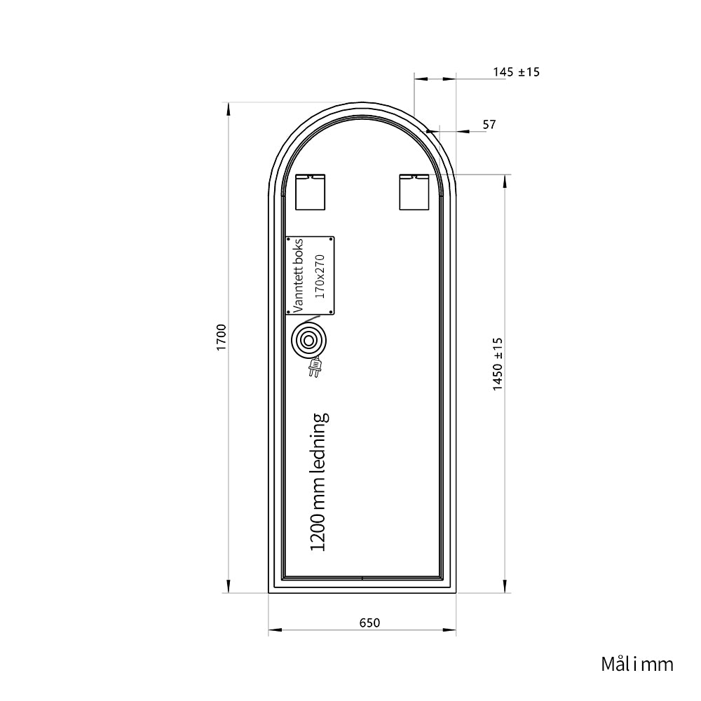 Helfigur Speil med LED-lys 65x170 cm, buet topp