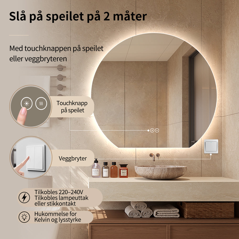Rundt speil med LED-lys og Antidugg Ø120 cm - Skåret