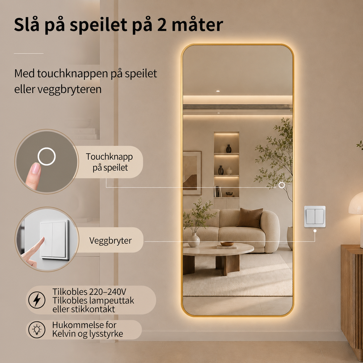 Helfigur Speil med LED-lys 80x180 cm - Gull ramme
